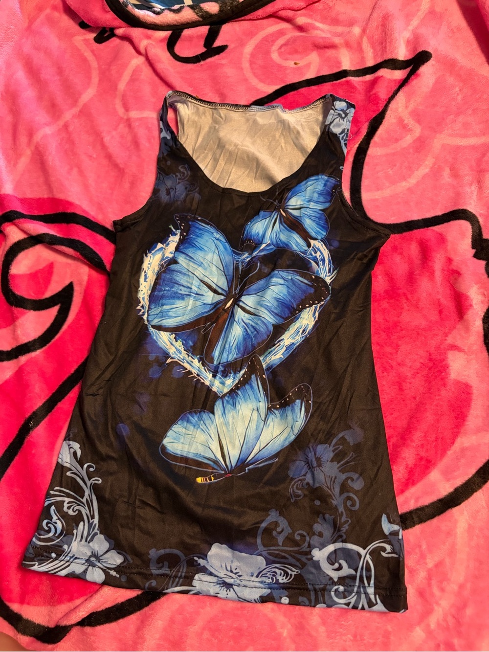 Black Tank Top with Blue Butterfly Print - Women's